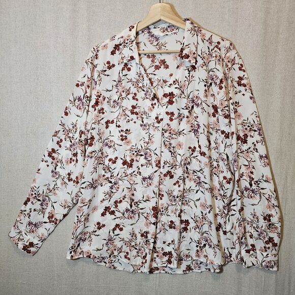 Maurices Tops - MAURICES Collared V-Neck Top Cream With Pink Floral Design Long Sleeve XXL
